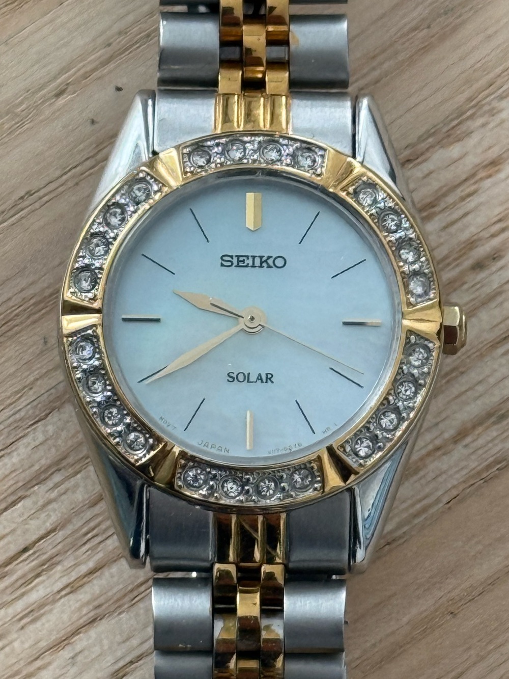 Seiko Solar Ladies Watch Swarovski Crystals Two-Tone Bracelet Case Pearl Dial